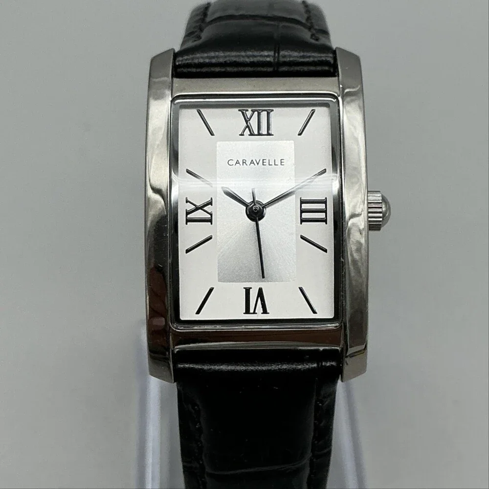 Caravelle Womens Watch 21mm Silver Tone Black Leather Band 43L202 New Battery